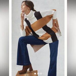 Anthropologie White and Brown Poncho Sweater